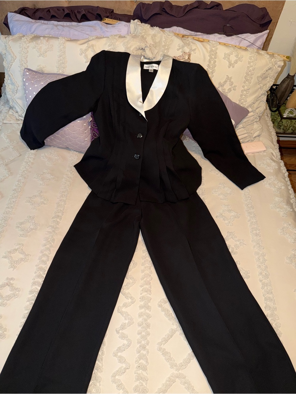 Danny & Nicole Black Pant Suit with White Satin Collar